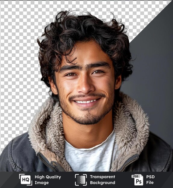 Retrato de psd transparente de alta calidad de un joven guapo que lleva una chaqueta negra y gris