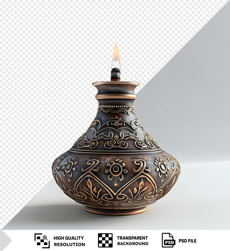 PSD retrato de ramadán quemador de incienso tradicional con humo que sale de él en un fondo transparente contra una pared blanca con un jarrón marrón en el fondo y una sombra oscura proyectada en el