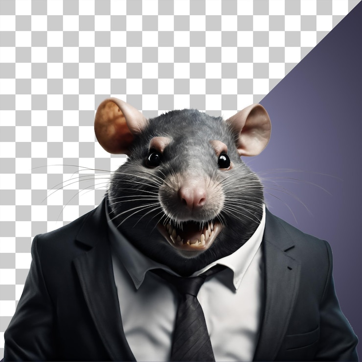 PSD retrato de rata gorda codiciosa humanoide con traje de negocios negro con sonrisa malvada aislada transparente