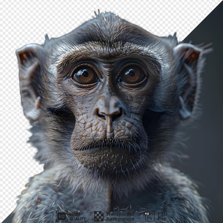 PSD un retrato realista de un mono con detalles peludos mirando directamente a la cámara con una expresión curiosa aislada en un fondo transparente