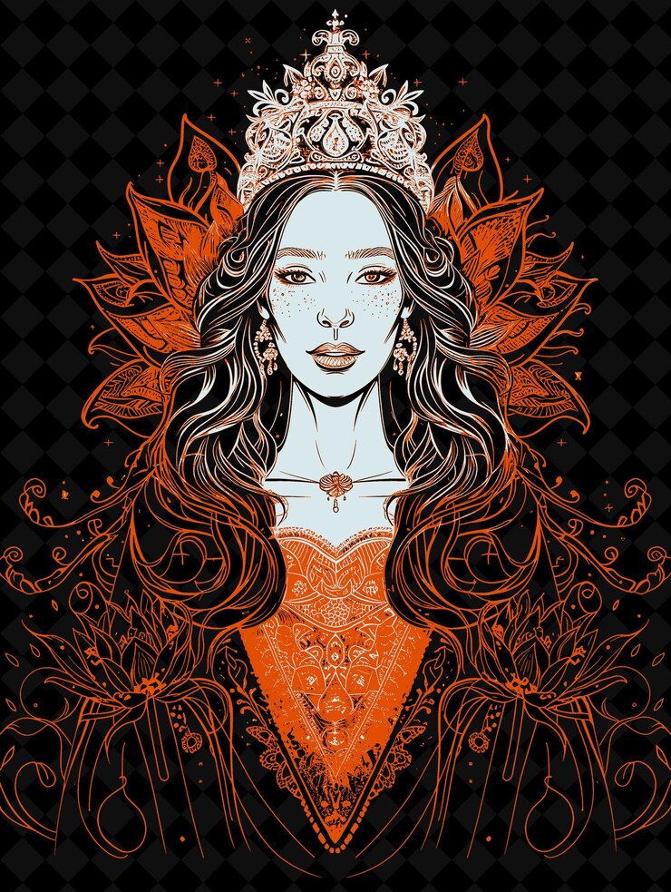 PSD retrato de la reina persa con una tiara y una larga túnica con diseño de colores vívidos png colecciones