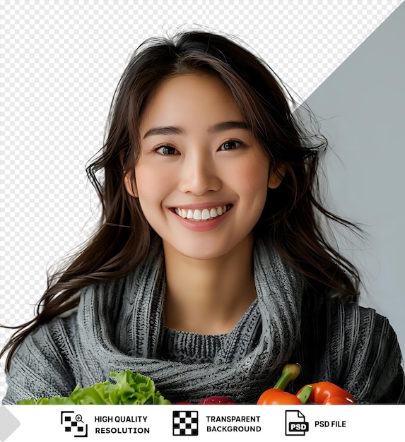 PSD retrato de retrato hermosa joven mujer asiática sonríe con la canasta de comestibles del supermercado rodeada de productos frescos, incluidos tomates rojos brócoli verde y un suéter gris con su cabello marrón y