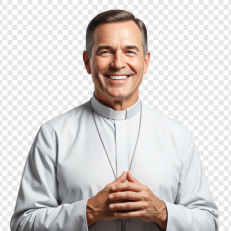 PSD retrato de un sacerdote sonriente con un collar de cruz sobre un fondo transparente