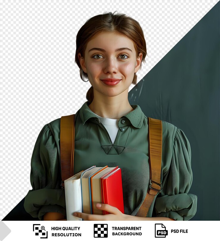 PSD retrato satisfeito segurando livros jovem professor de pé na frente do quadro de fundo da sala de aula
