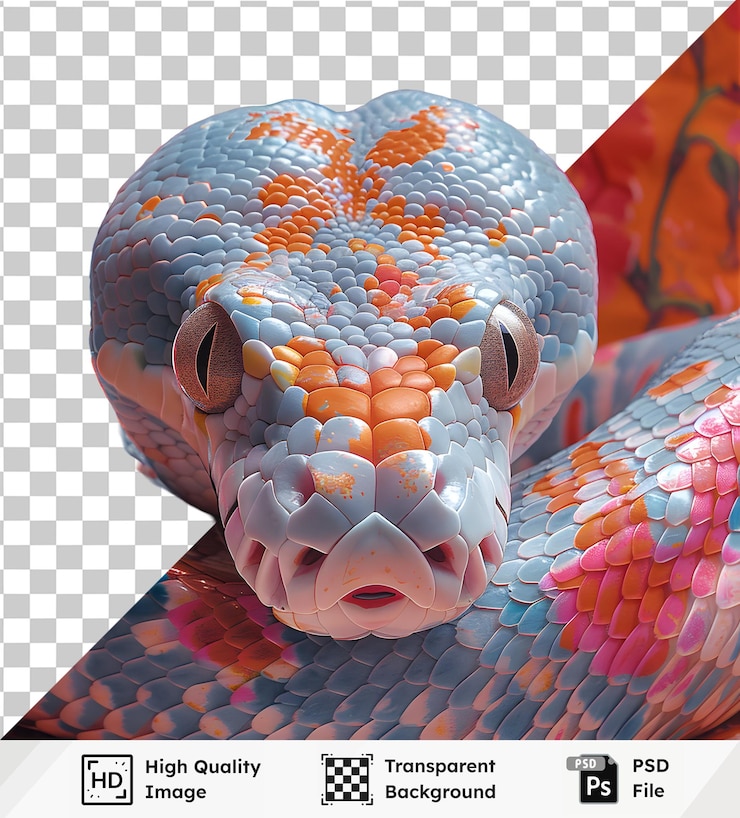 PSD retrato de serpiente de colores con fondo transparente escamas vívidas patrones intrincados reptilios cercanos