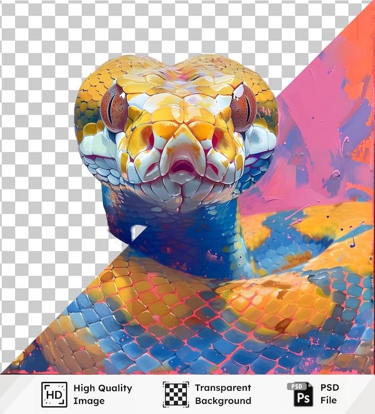 PSD retrato de serpiente vibrante una pintura abstracta colorida de un reptil sobre un fondo rosado con trazos en negrita