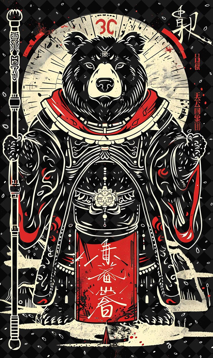 PSD retrato de shaolin del noble oso negro asiático con un bastón en un personaje guerrero animal de la ilustración ba