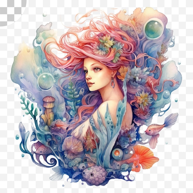 Retrato de una sirena con pelo saltarín en el fondo de corales y animales marinos.