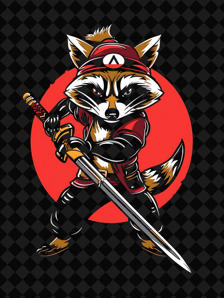 PSD retrato de sly raccoon rogue sosteniendo una espada corta con una ilustración de robo de personaje de animal guerrero