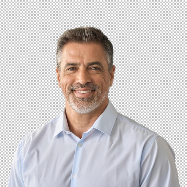Retrato sonriente de un hombre maduro con una camisa azul claro