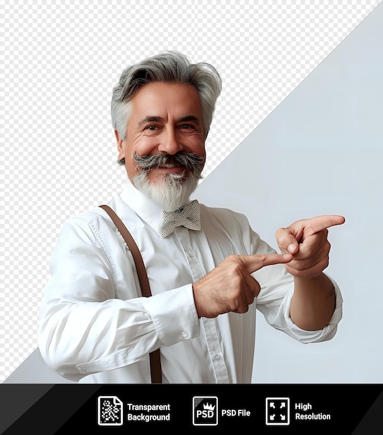 PSD retrato sorridente idoso de cabelos cinzentos bigode homem barbudo de camisa branca papagaio posando em estúdio pessoas conceito de estilo de vida mock up copiar espaço apontando o dedo indicador para a câmera png psd