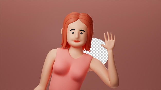 Retrato sorridente linda garota, camiseta rosa. dobre o corpo levemente e levante a mão direita 3d render