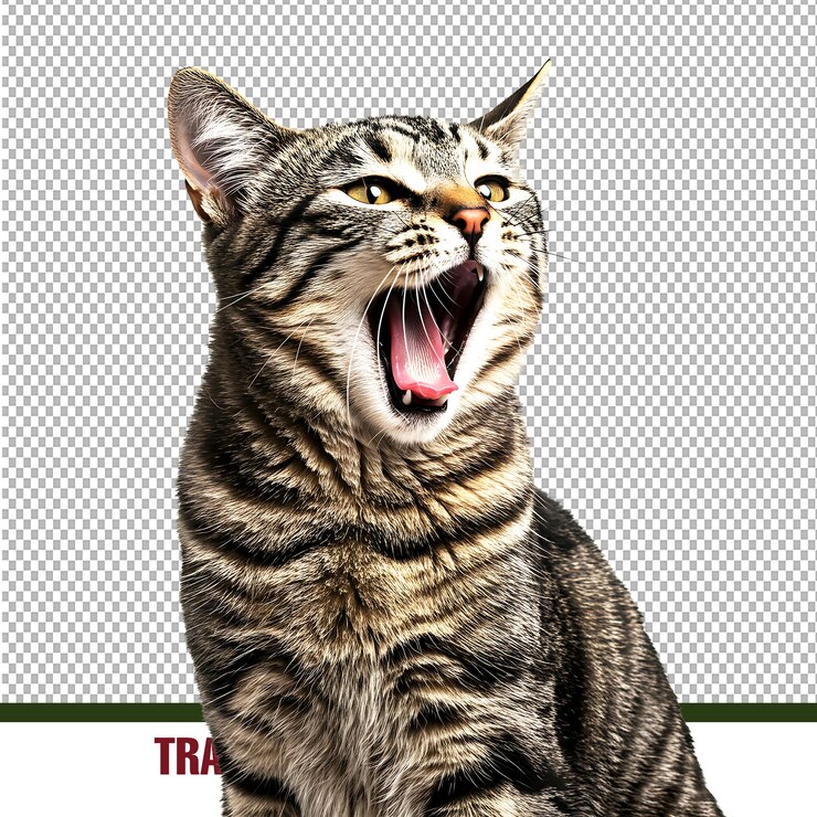 PSD retrato de tabby cat bostezando en primer plano con bigotes y lengua rosada visible en un fondo transparente
