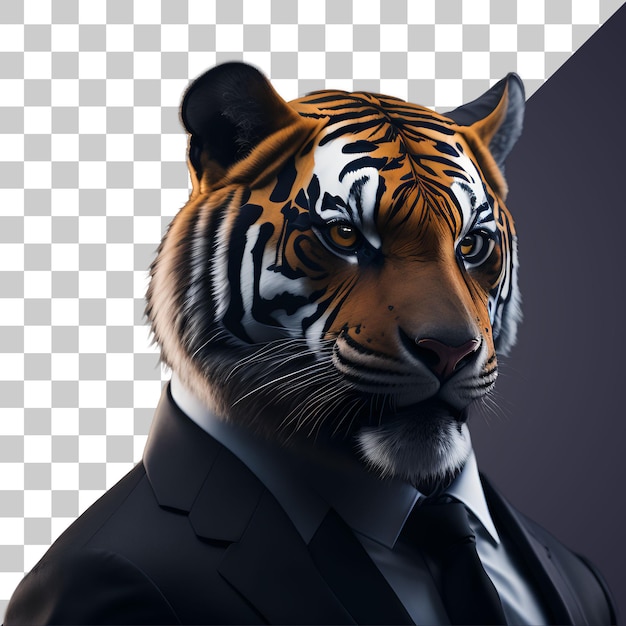 Retrato de tigre antropomórfico humanoide con traje de hombre de negocios aislado transparente