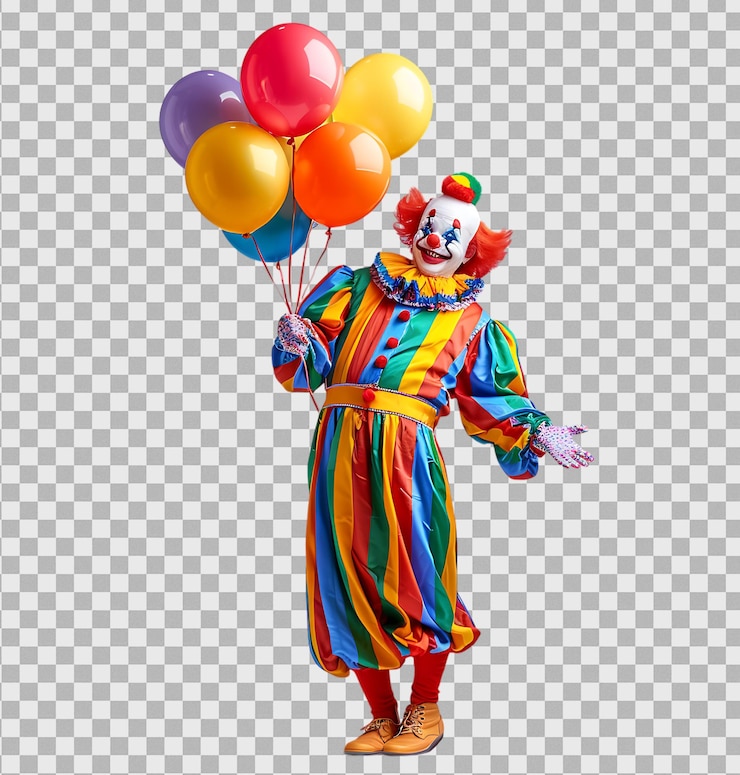 PSD retrato a toda longitud de un payaso alegre sosteniendo un montón de globos aislados en un fondo transparente