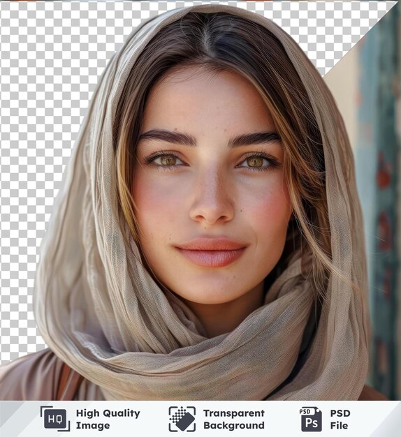PSD retrato transparente de uma jovem confiante com olhos castanhos, sobrancelhas e nariz usando um lenço cinza e branco