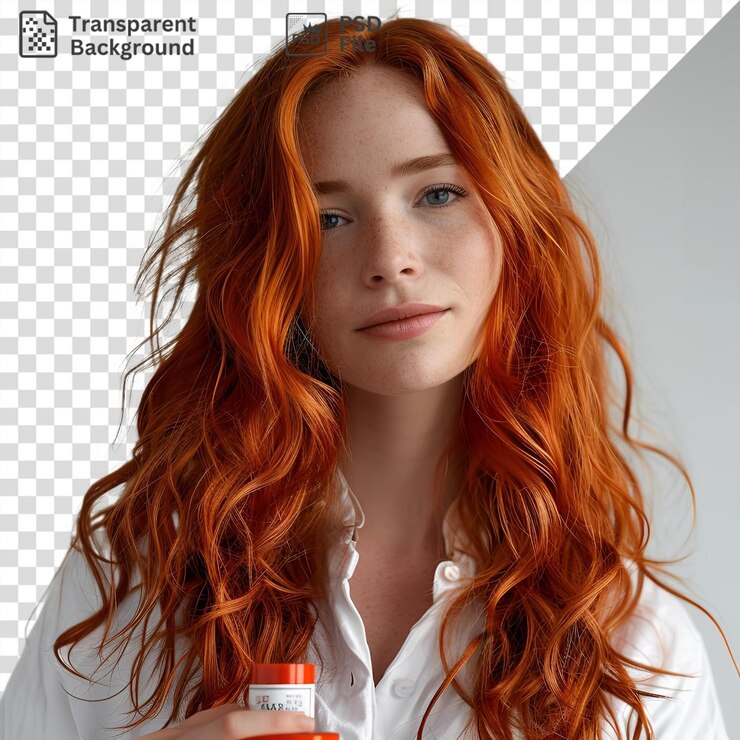 PSD retrato transparente de uma mulher com cabelo laranja vestindo uma camisa branca e segurando uma garrafa vermelha e laranja com um nariz pequeno e olhos castanhos e azuis e um botão branco visível na camisa