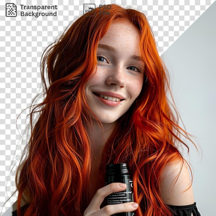 PSD retrato transparente de uma mulher com cabelo ruivo segurando um microfone preto mostrando seus impressionantes olhos azuis e castanhos, nariz pequeno e mão