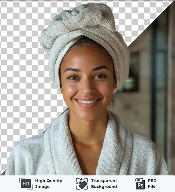 PSD retrato transparente de uma mulher de raça mista sorridente vestindo roupão de banho e toalha