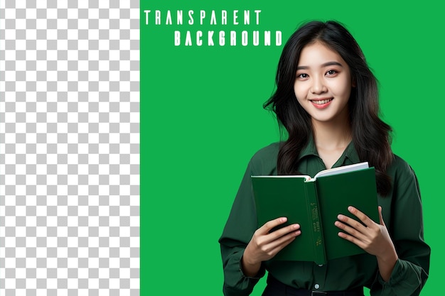 retrato transparente de un estudiante asiático sosteniendo un libro sobre un fondo verde