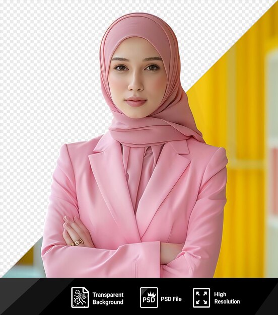 PSD retrato transparente de una hermosa modelo musulmana que lleva un elegante traje de oficina rosa con hijab concepto de estilo de belleza de moda de pie frente a una pared amarilla que adjunta con un oro