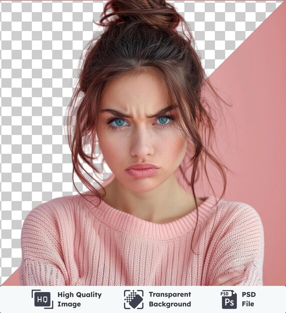 Retrato transparente de una mujer joven enojada con cabello marrón, ojos azules y nariz pequeña con una camisa rosada de pie frente a una pared rosada