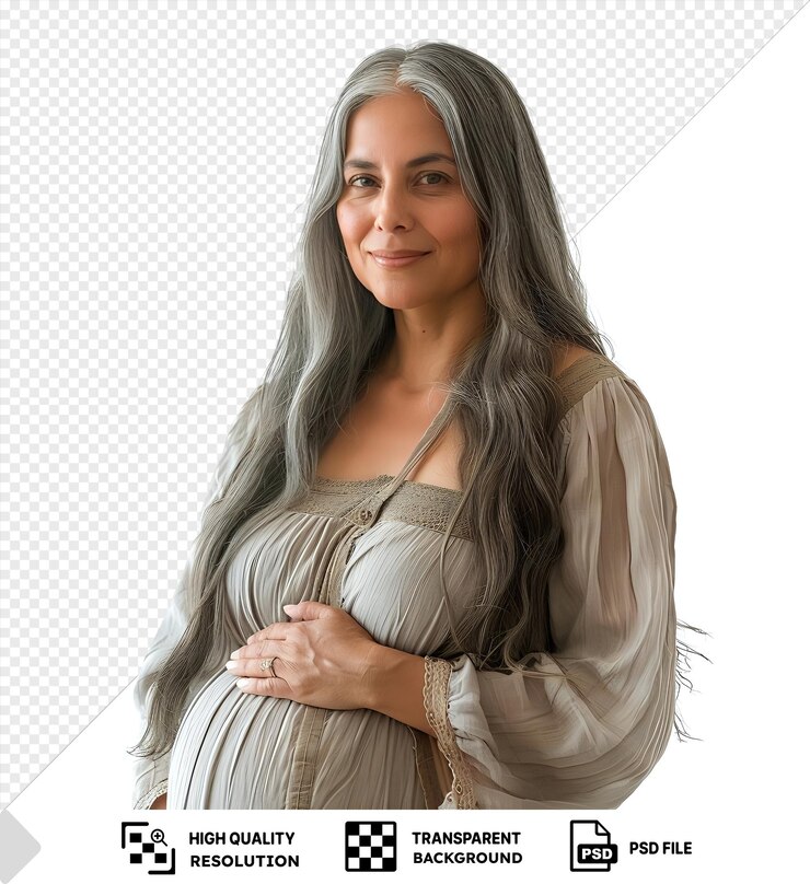 PSD retrato único de mulher grávida serena com cabelos longos e cinzentos em vestido sorrindo e segurando uma mão png