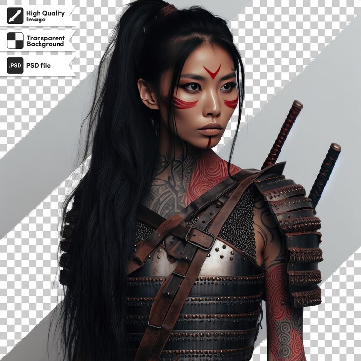 PSD retrato vikingo de mujer con espada en fondo transparente con capa de máscara editable
