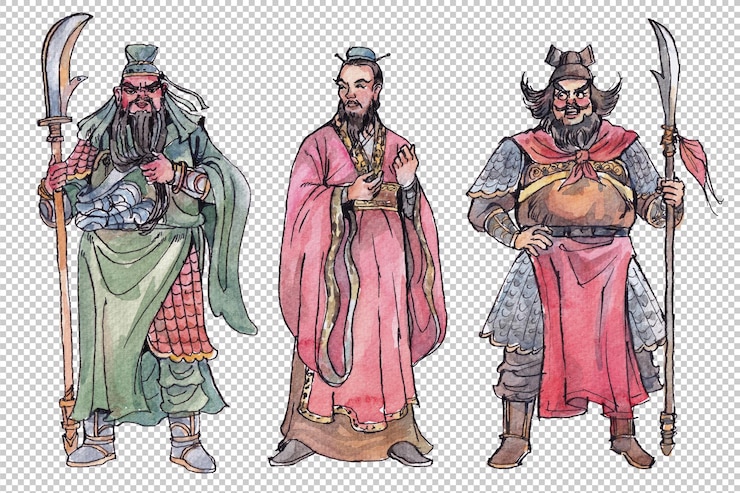 PSD retratos en acuarela y tinta de guan yu liu bei y zhang fei de pie