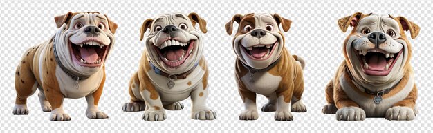 PSD retratos de bulldogs marrons e brancos de pé e sentados posando com expressões sorridentes