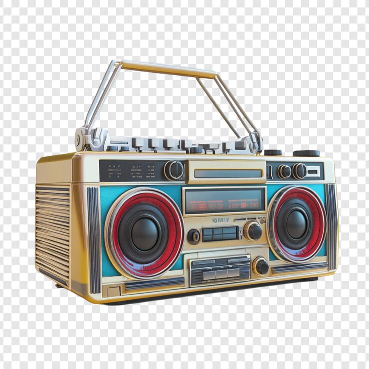 PSD retro boombox gold teal red música estéreo clásica de los años 80 y 90