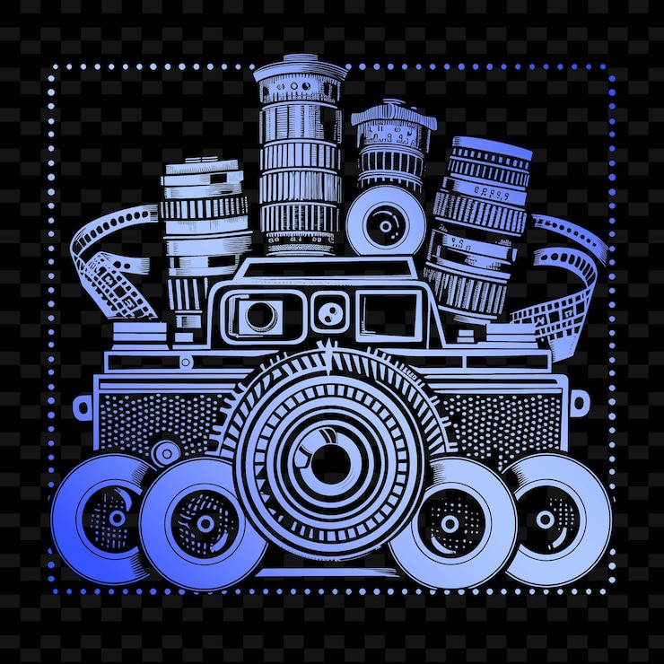 PSD retro camera folk art con modello di striscia di pellicola e lente detai illustration decor motifs collection