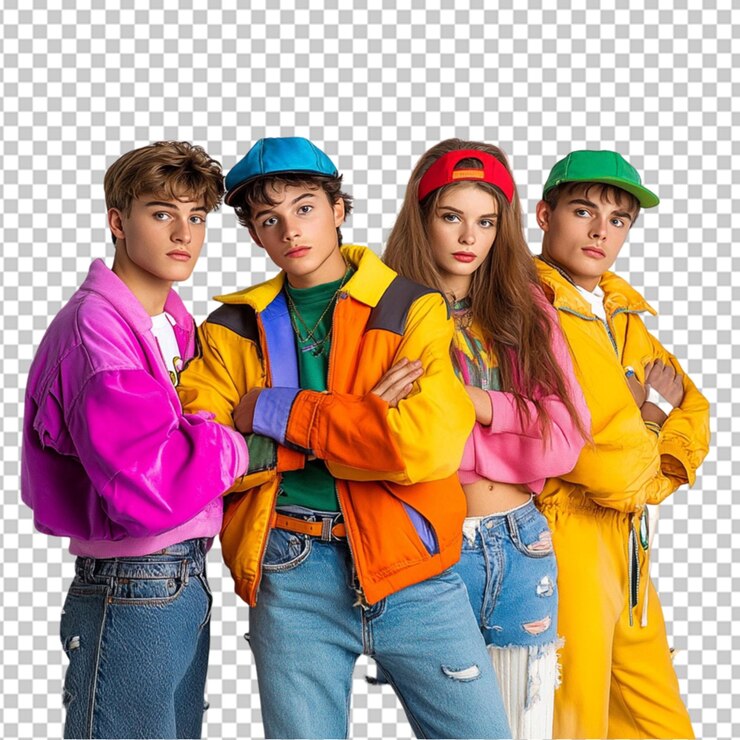PSD retro comic convention vibes teens in lebendig auf transparentem hintergrund