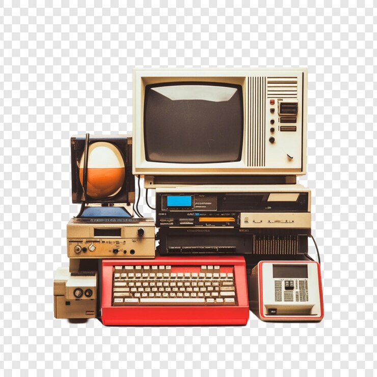 PSD retro computer setup vintage tech nostalgia stacked electronics giochi della vecchia scuola