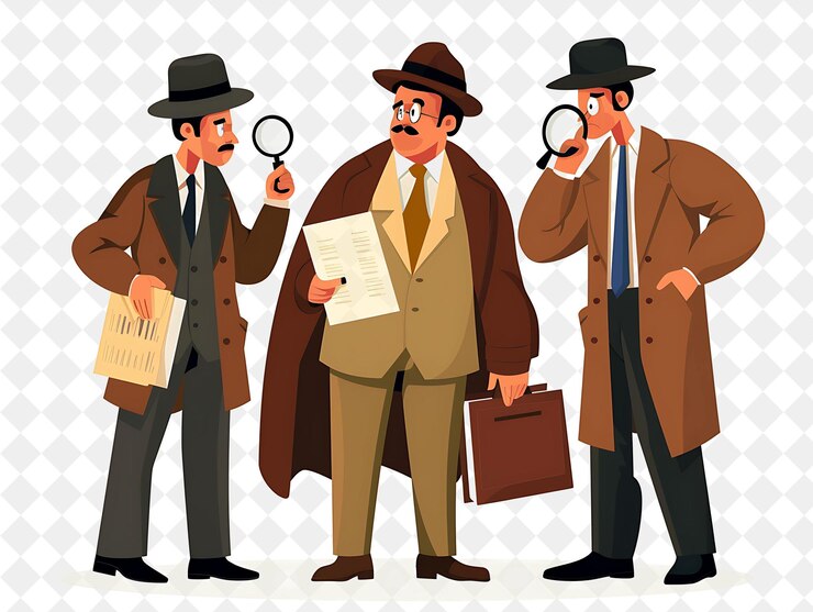 PSD retro detective with characters investigating clues and inte png people in daily work illustration