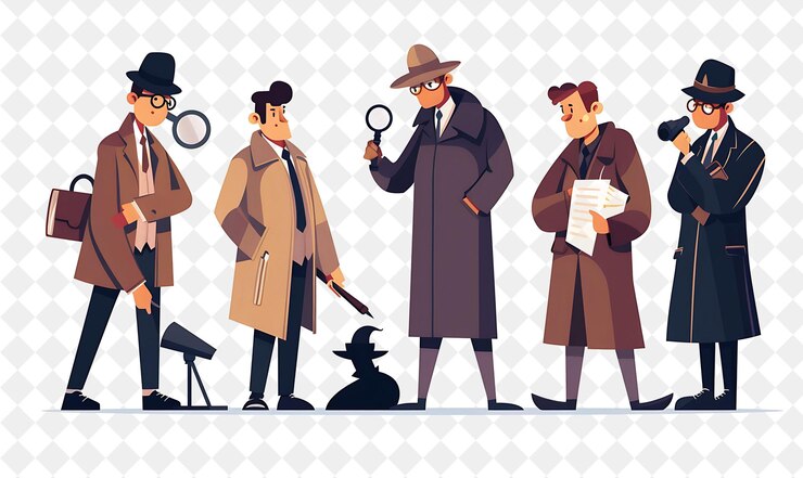 PSD retro detective with characters investigating clues and inte png people in daily work illustration