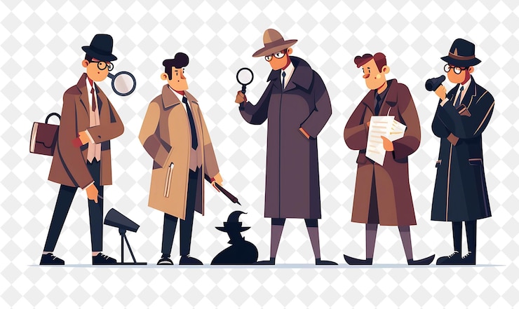 PSD retro-detektiv mit charakteren, die spuren untersuchen, und inte png-menschen in der täglichen arbeitsillustration