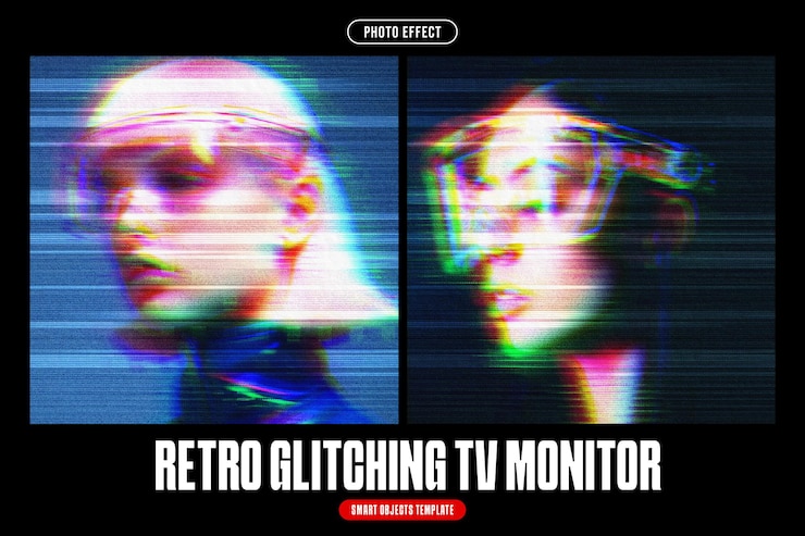 PSD retro glitching tv monitor efeito fotográfico para o quadrado