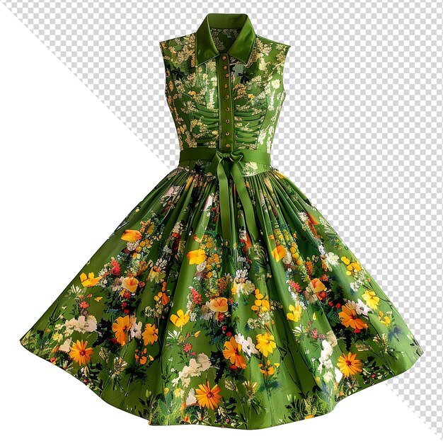 PSD retro-grünes kleid mit blumigem muster, isoliert auf durchsichtigem hintergrund png