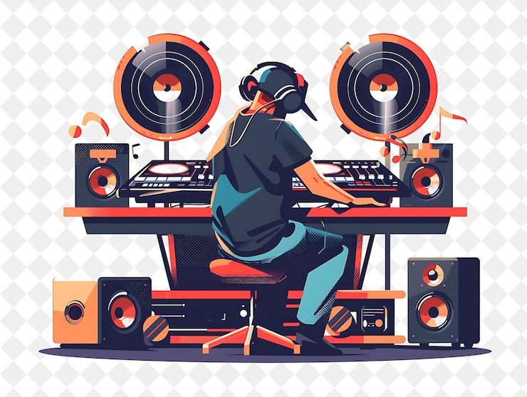 PSD retro record producer with characters recording and producin png people in daily work illustration