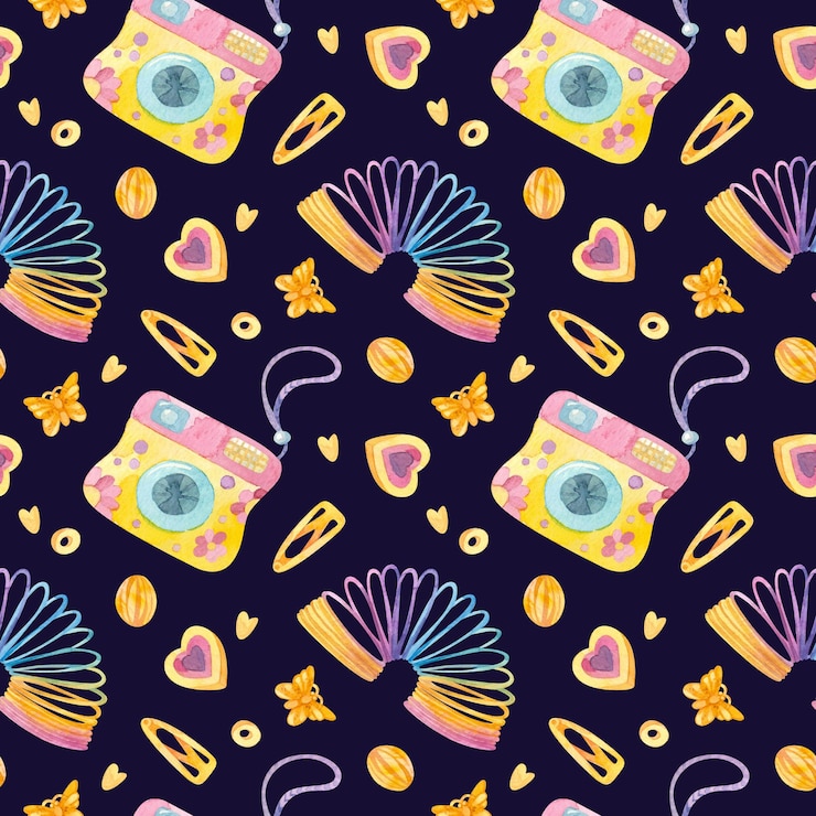 PSD retro seamless pattern 90s toys camera slinky rainbow butterfly hair pins hearts watercolor psd
