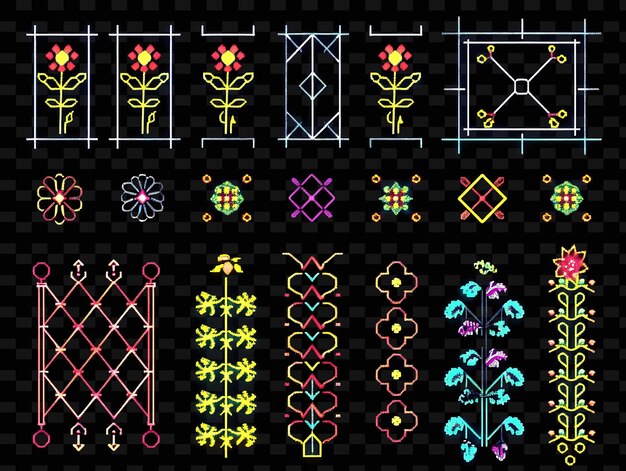 Retro style trellises pixel art con patrones lúdicos con textura creativa y diseños de artículos de neón y2k