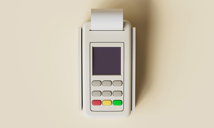 PSD retro tarjeta de crédito máquina de pago mock up 3d rendering no ai