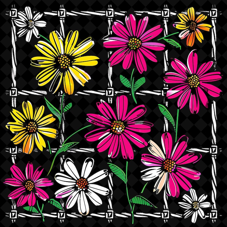 PSD retro trellis feito de plástico design colorido com margaridas esboço de design decorativo natural