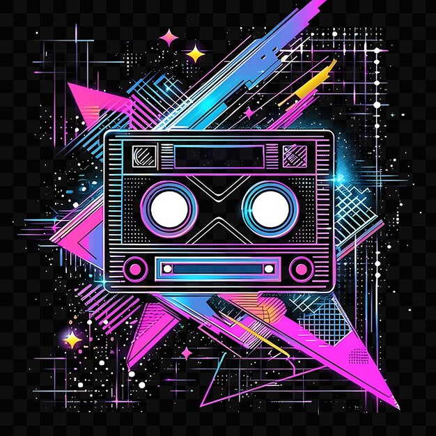 PSD retro wave glitch com neon grids cassette tapes e 80s ins texture effect fx film bg collage art