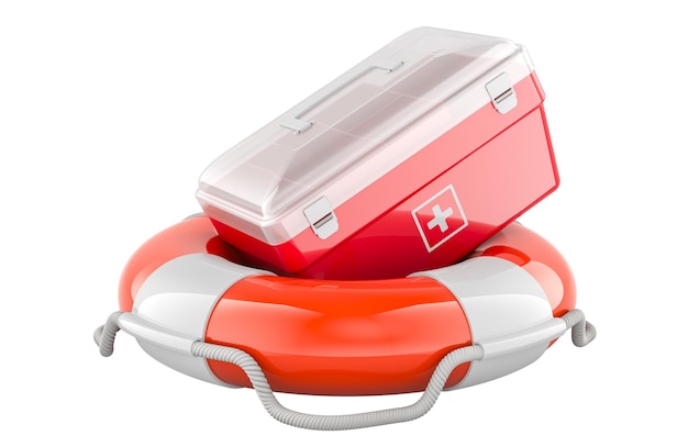 Rettungsboot mit 3D-Rendering des Erste-Hilfe-Kits isoliert auf transparentem Hintergrund