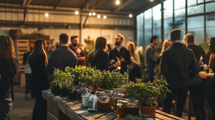 PSD reunião casual de pessoas em um evento coberto com plantas e bebidas em primeiro plano