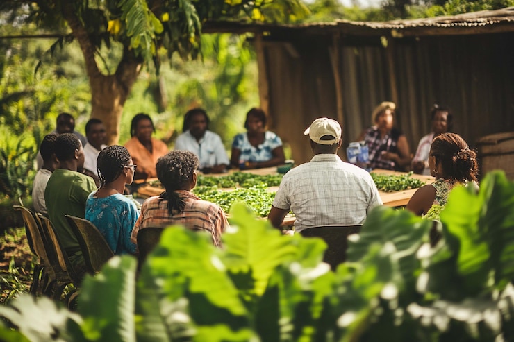 PSD reunión de la comunidad rural bajo un árbol sombreado