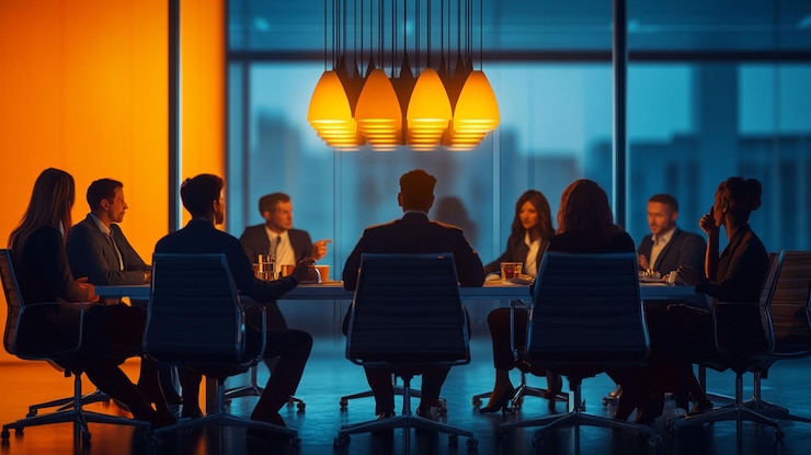 PSD réunion d'équipe d'affaires la nuit dans un bureau moderne