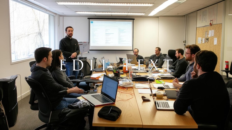 PSD reunión del equipo de negocios en una oficina moderna presentador dirigiéndose a los colegas alrededor de una mesa grande con computadoras portátiles y pantalla de proyector